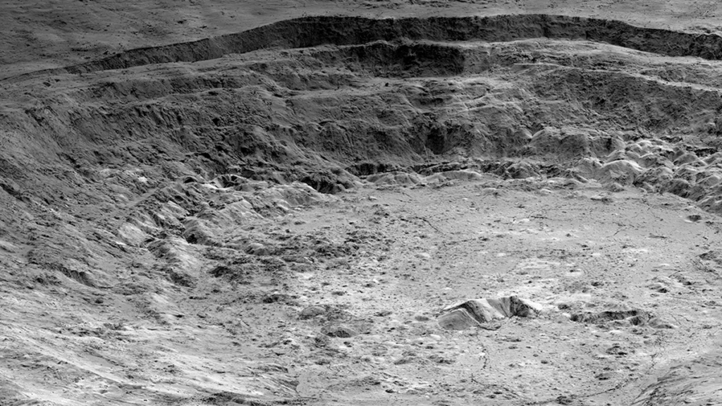 Photo of a large crater on the moon.