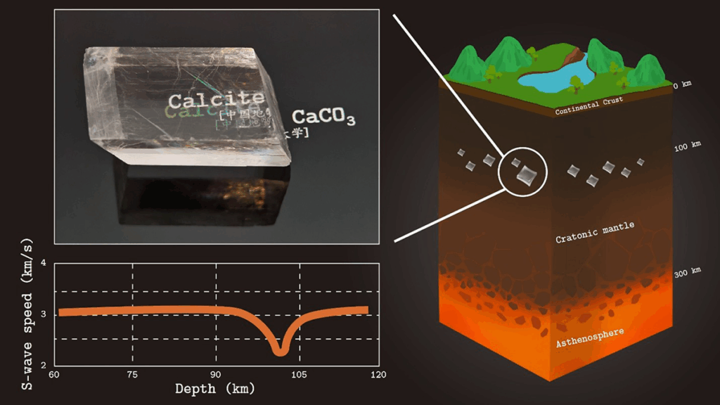 A calcite crystal, a graph, and a cross-section of Earth's subsurface.