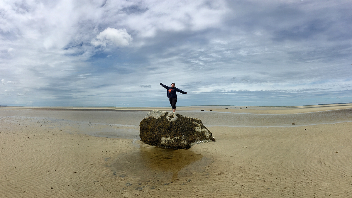 A person standing on a large boulder by the ocean.