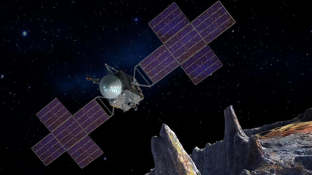 Satellite orbiting near a rocky asteroid surface.