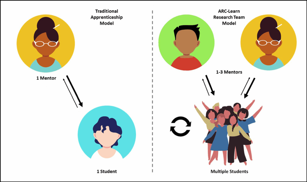 Diagram with cartoon people and arrows showing relationships between mentors and students in a more traditional undergraduate research experience (left) compared with in the Authentic Research through Collaborative Learning (ARC-Learn) program at Oregon State University (right).