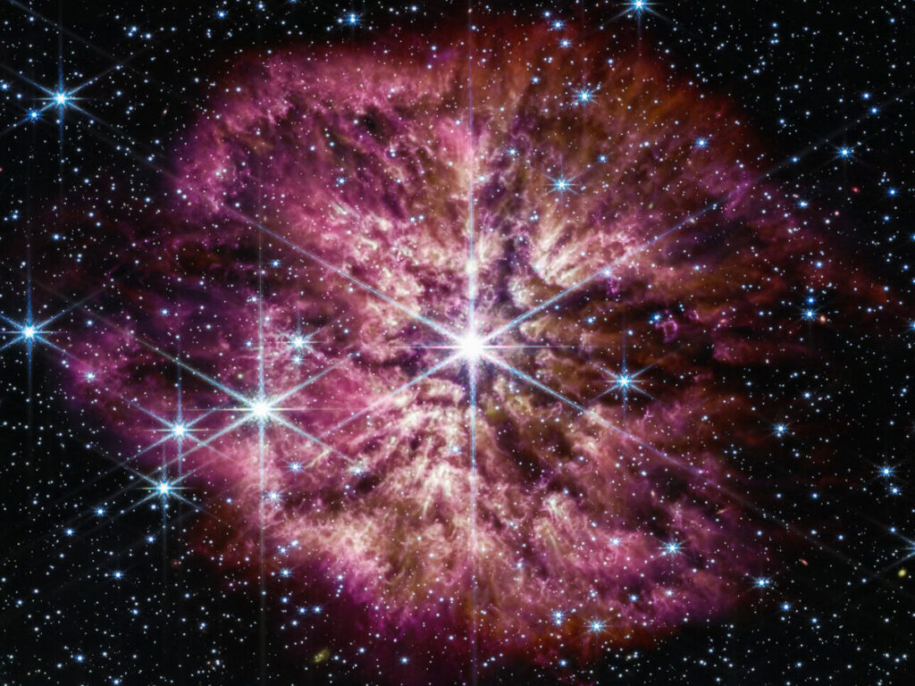 Reddish clouds of gas form concentric, almost flower-like, rings around a bright star.