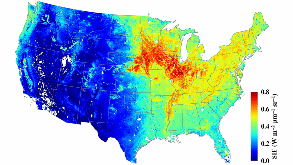 Map of the contiguous United States with colors indicating plant photosynthesis.