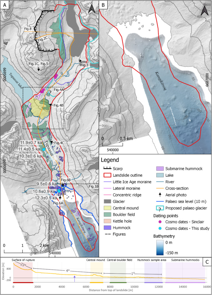 Illustrations of the Tupaasat rock avalanche deposits