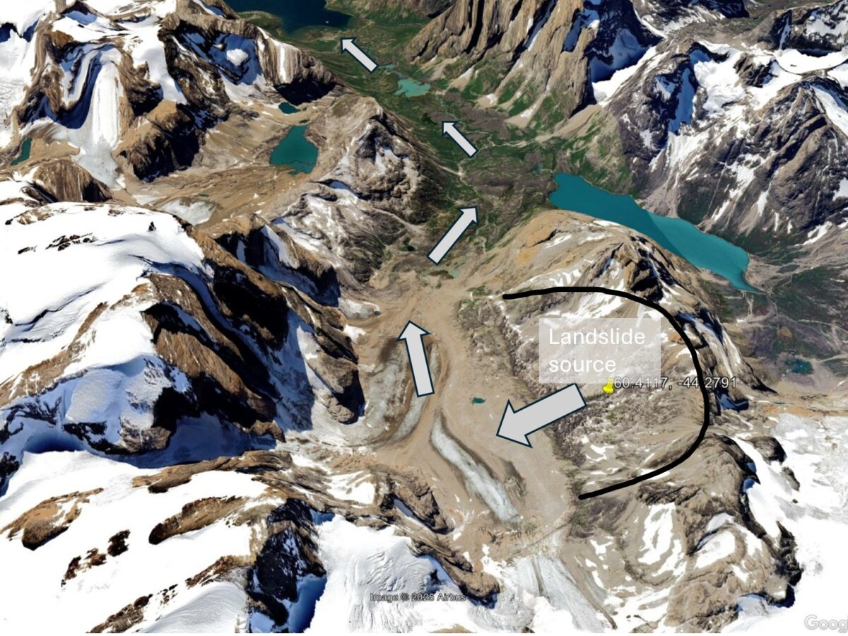 Annotated Google Earth image showing of the Tupaasat rock avalanche.
