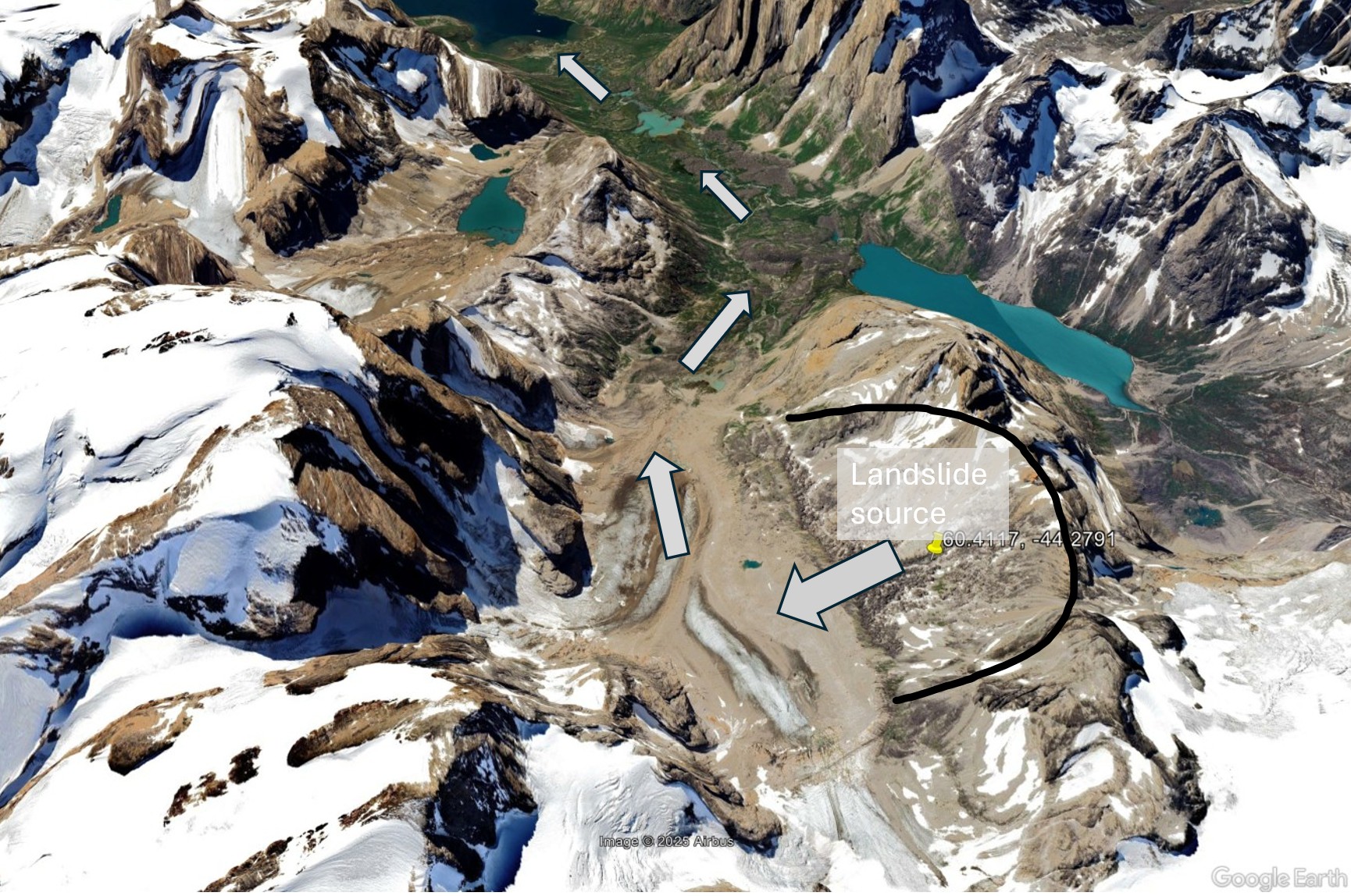 Annotated Google Earth image showing of the Tupaasat rock avalanche.