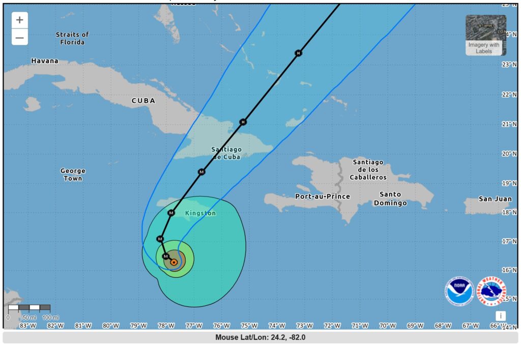The forecast track of Hurricane Melissa.