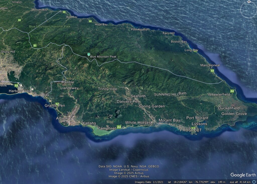 Google Earth image showing the landscape of eastern Jamaica.