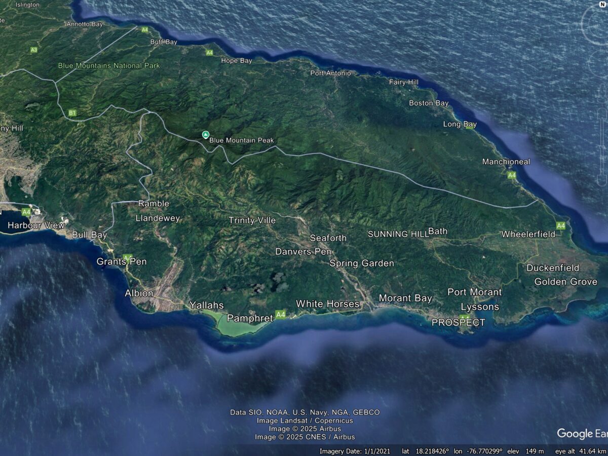 Google Earth image showing the landscape of eastern Jamaica.
