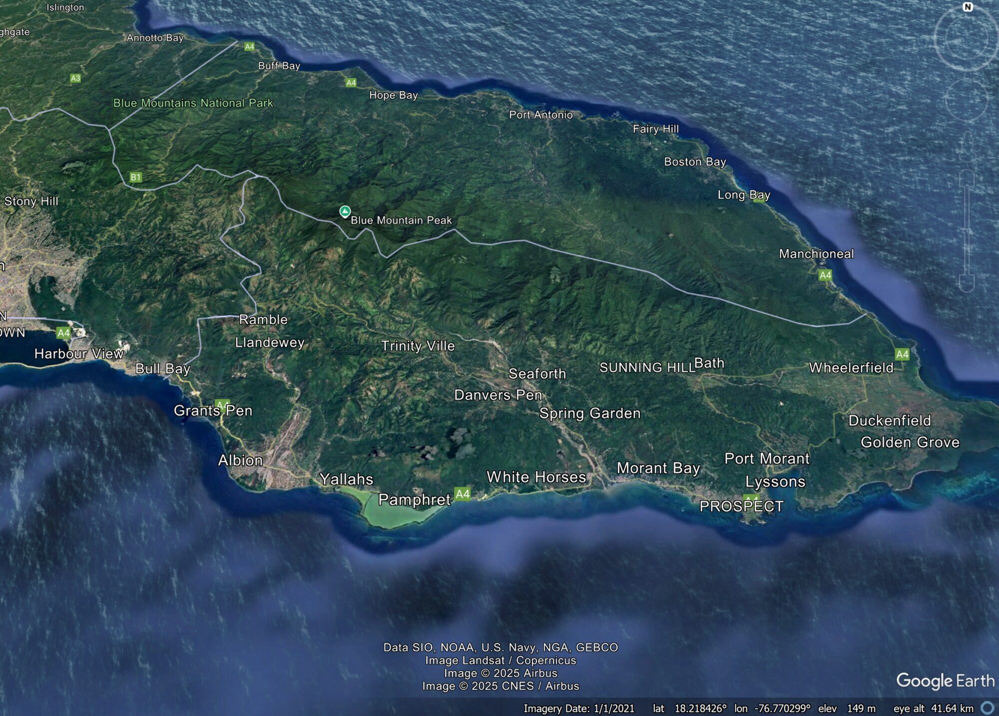 Google Earth image showing the landscape of eastern Jamaica.