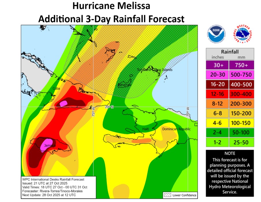 Precipitation potential for Hurricane Melissa.  Graphic from NOAA as at 07:18 UTC on 28 October 2025.