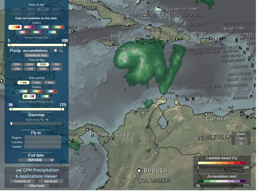 24 hour precipitation accumulation for Hurricane Melissa.  Graphic from NASA GPM as at 07:34 UTC on 28 October 2025.