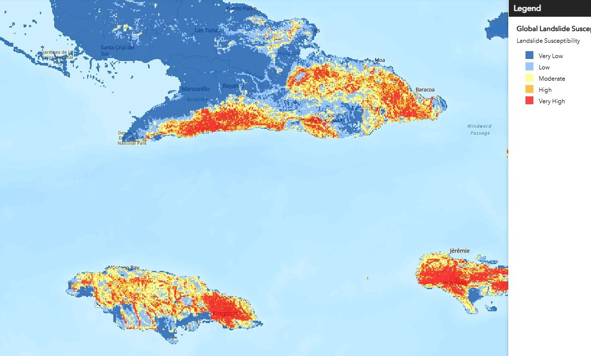 Landslide susceptibility for Jamaica and Cuba. Data from NASA.
