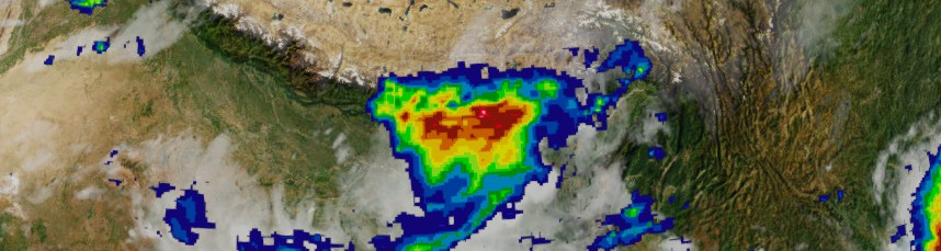 24 hour precipitation in 14:30 on 5 October 2025 for South Asia. Data from NASA.