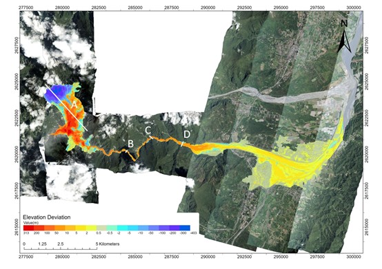 Vertical elevation change before and after the Matai'an landslide and dam breach.