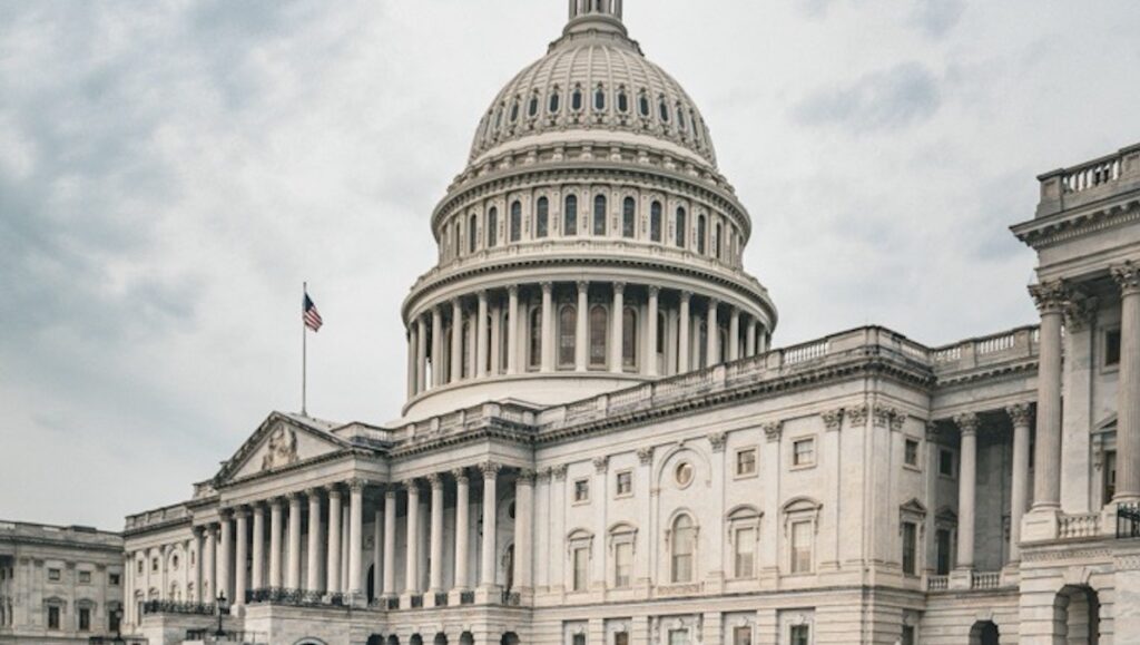 The U.S. Capitol building on a cloudy day.