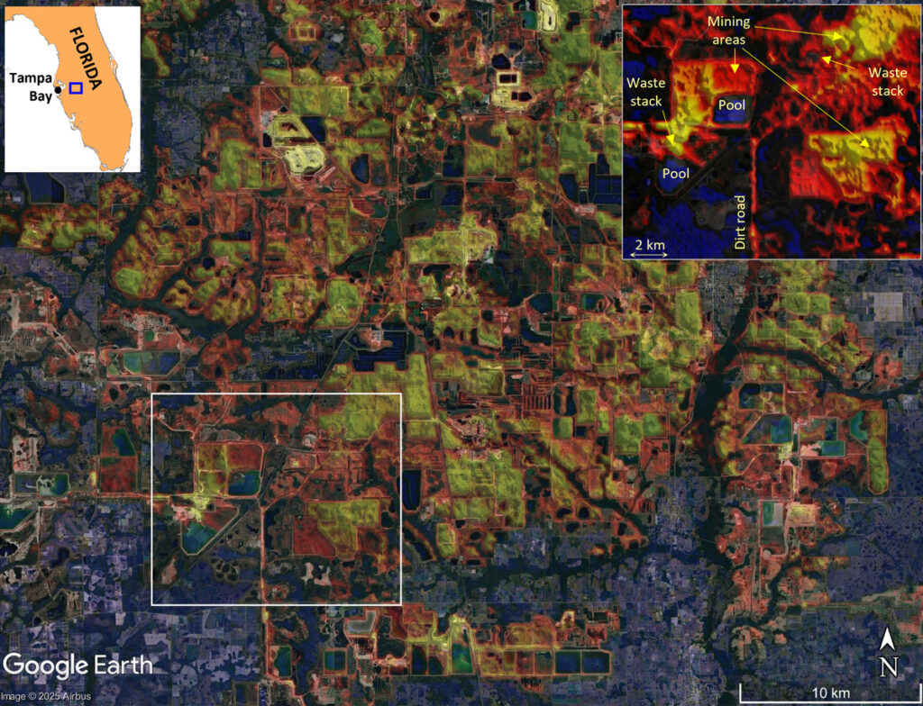 Satellite map showing an east of Tampa, Fla., and highlighting (in shades of yellow and red) areas where radiometric uranium was detected