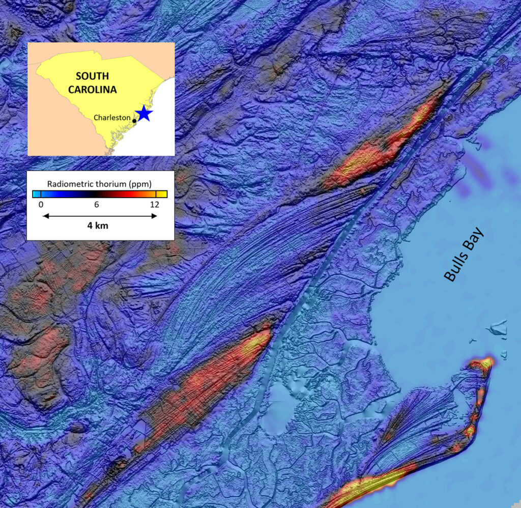 Shaded relief map showing an area near Charleston, S.C., with a blue-to-yellow color scale indicating areas where radiometric thorium was detected