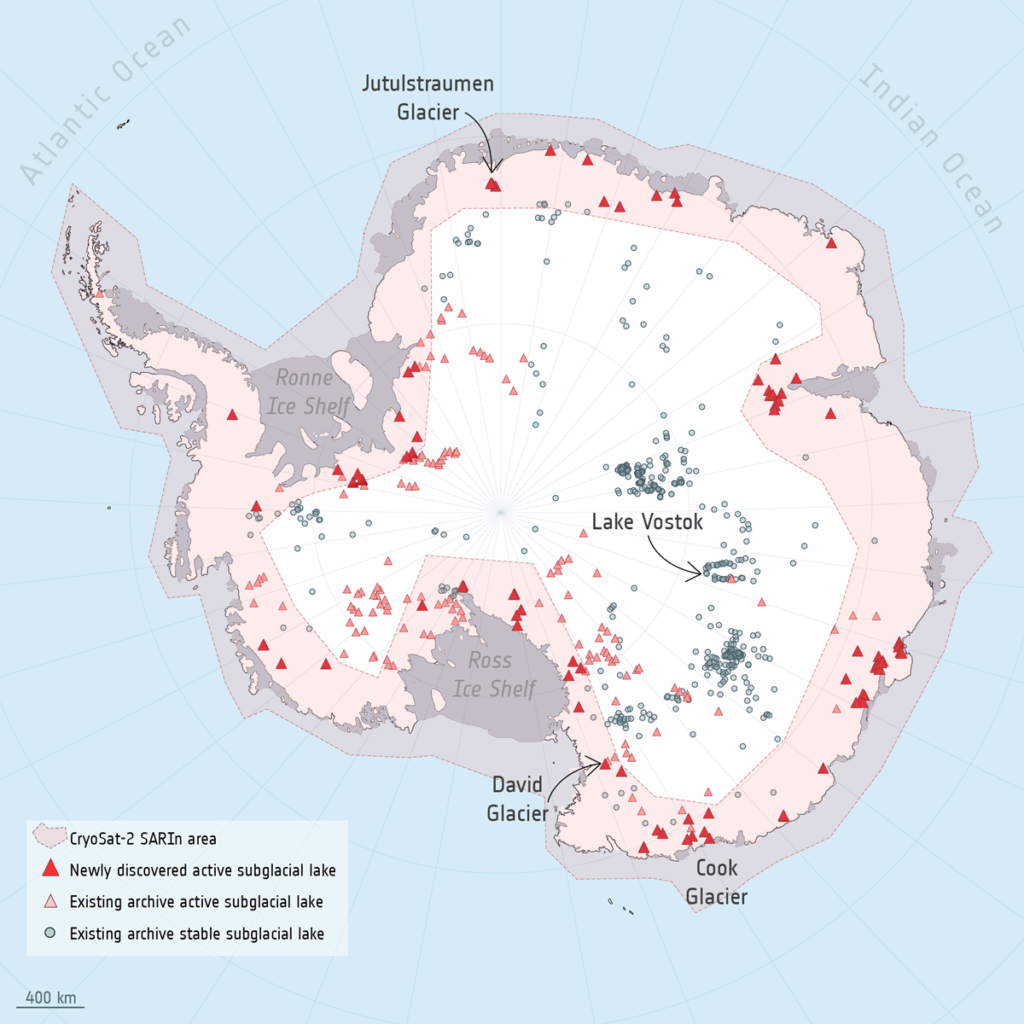 A map identifying the locations of lakes beneath the Antarctic Ice Sheet.