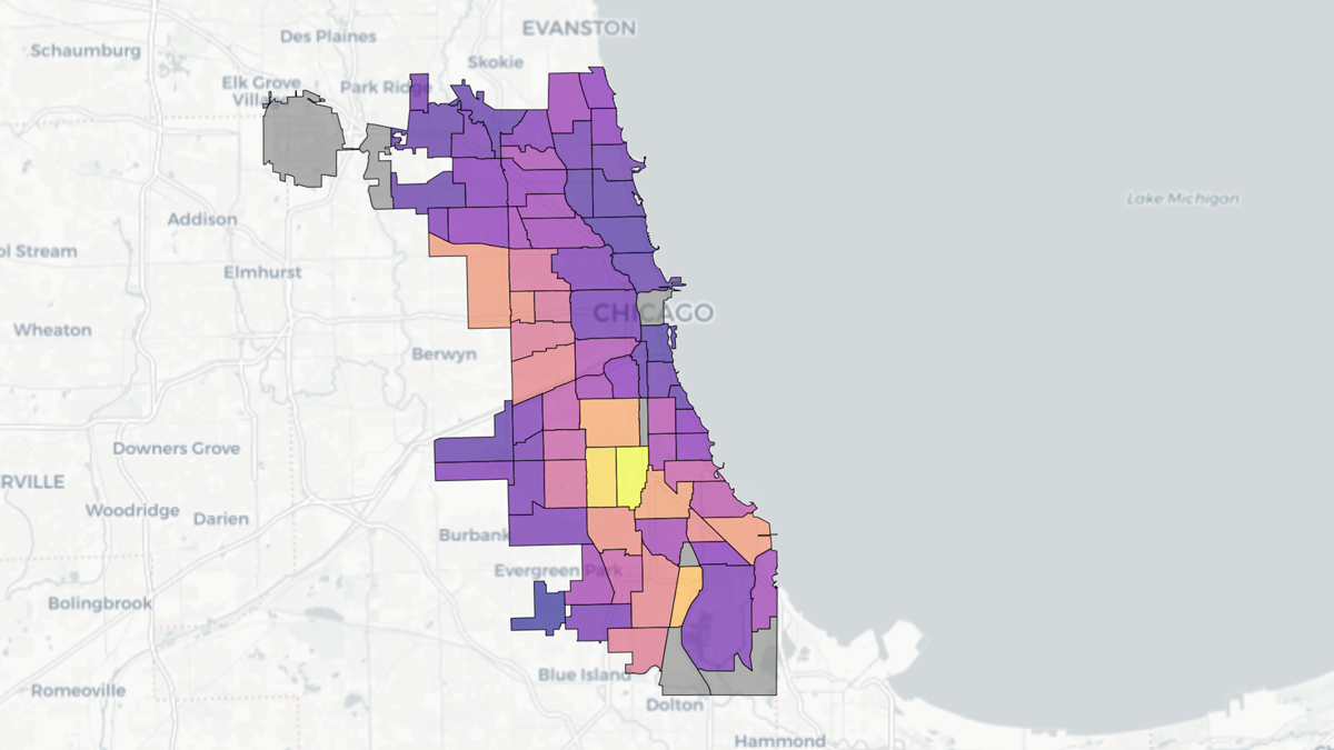 A map of Chicago shows a grid of different neighborhoods colored in shades ranging from yellow to purple.