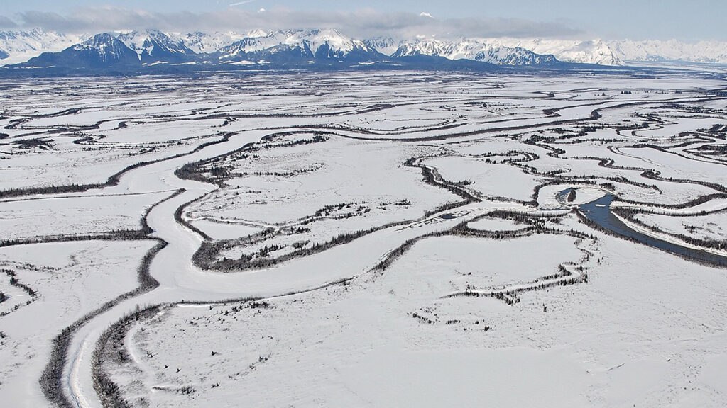 An aerial photo of Alaska’s Copper River Delta