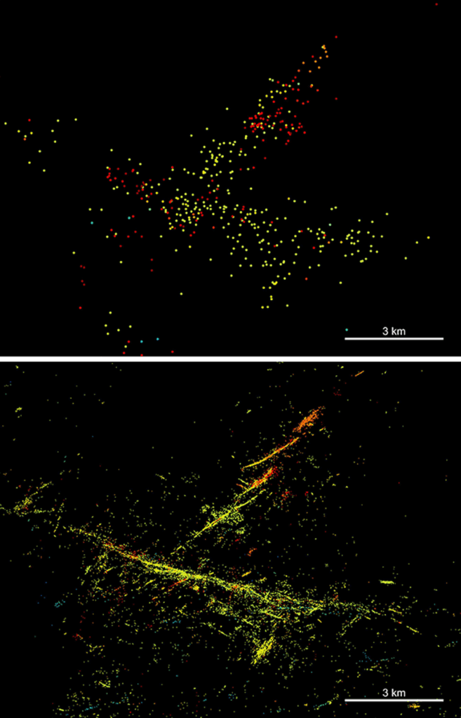 Two images show the locations of earthquakes, which are represented by red and yellow dots on a black background. The second image, in which machine learning was used to help identify earthquakes, shows more dots with finer resolution.