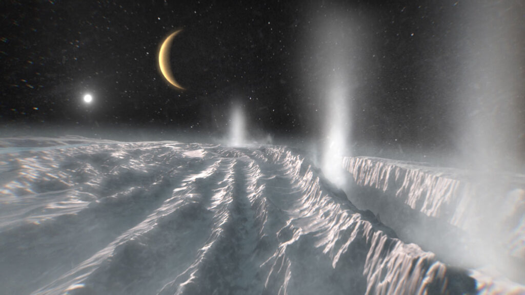 Illustration of plumes erupting from the surface of Enceladus