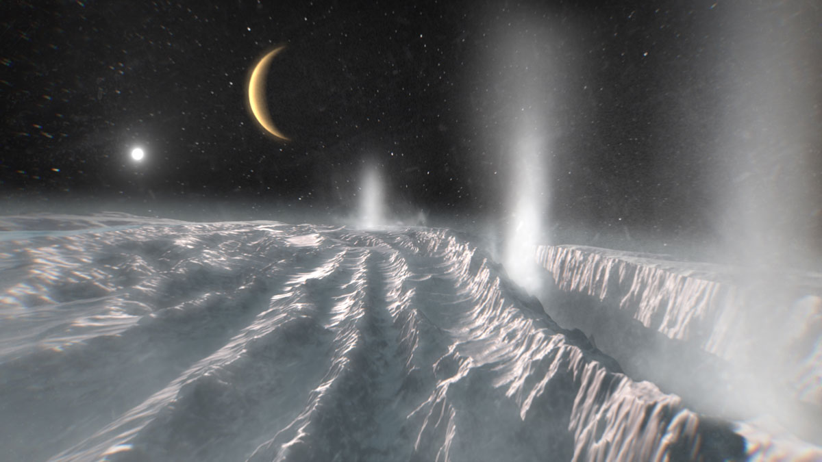 Illustration of plumes erupting from the surface of Enceladus