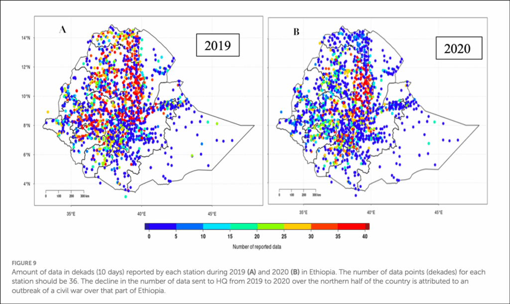 Two maps of Ethiopia in 2019 and 2020 show the amount of reported data from surface weather stations. The amount of reported data declines from 2019 to 2020.