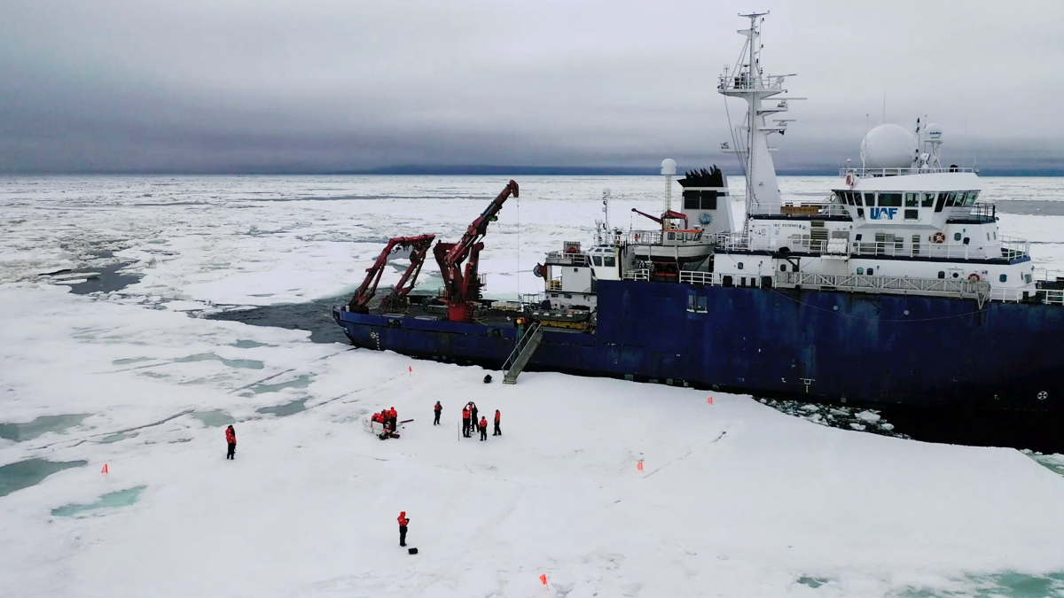 An aerial photo of a research team standing on ice with a research vessel looming in the background.