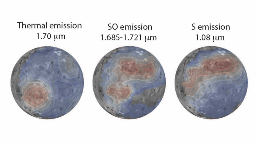 Three images of the Jovian moon Io show different distributions of colors. The far left image has a spot of red and yellow at bottom left, and the other two images each have a spot of red and yellow in the top half.