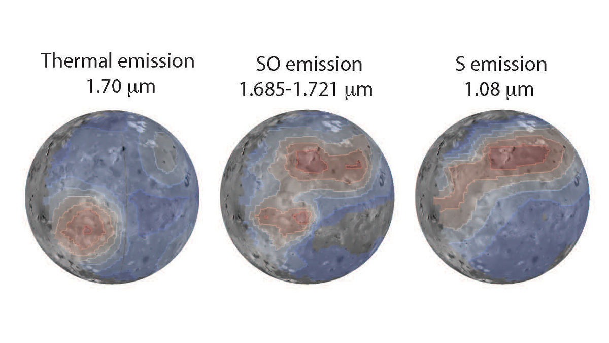 Three images of the Jovian moon Io show different distributions of colors. The far left image has a spot of red and yellow at bottom left, and the other two images each have a spot of red and yellow in the top half.