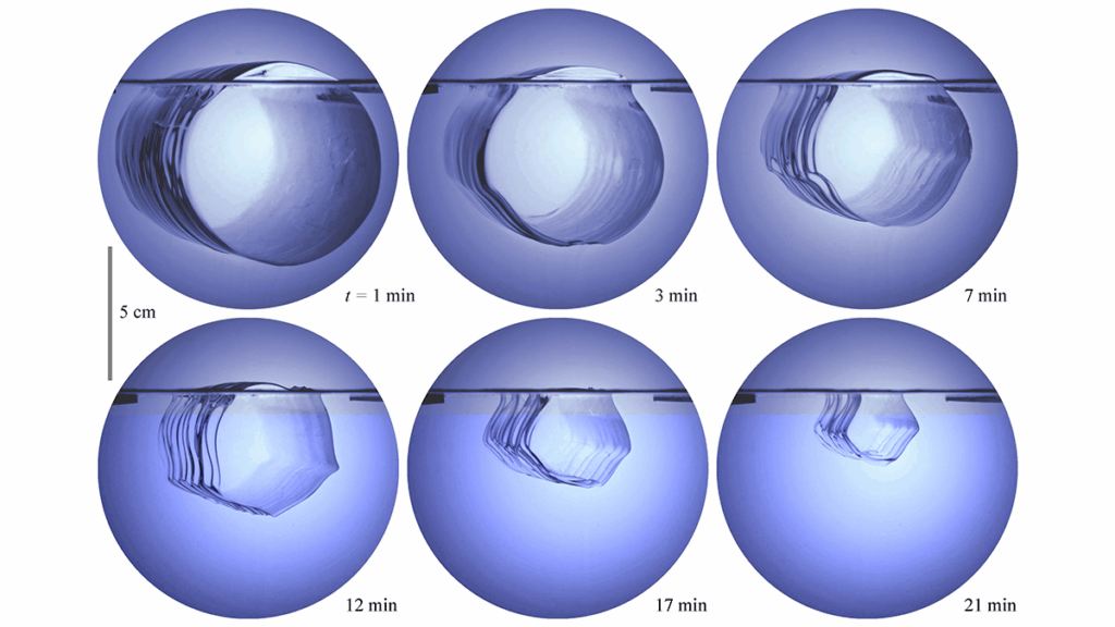 A sequence of six images shows cylindrical chunks of ice melting, changing shape, and flipping over.
