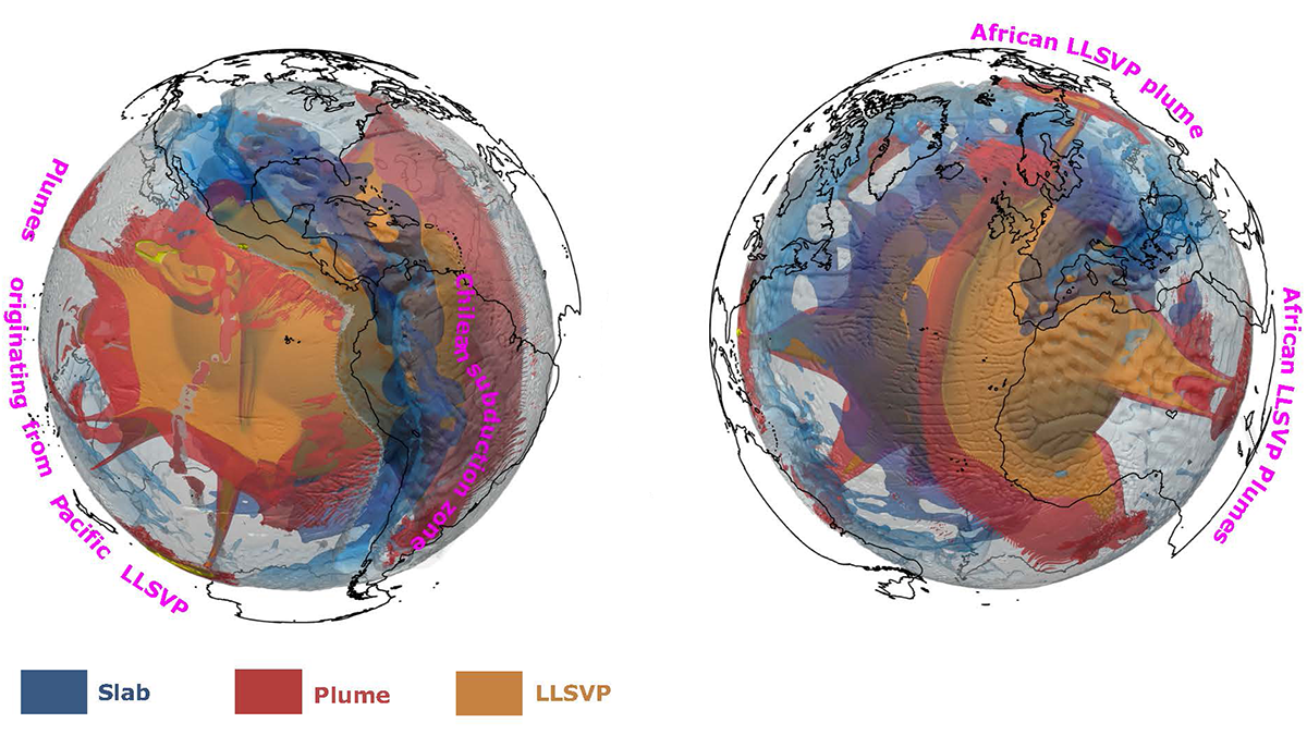 Two modeling images show plumes, blobs, and slabs beneath Earth’s surface.