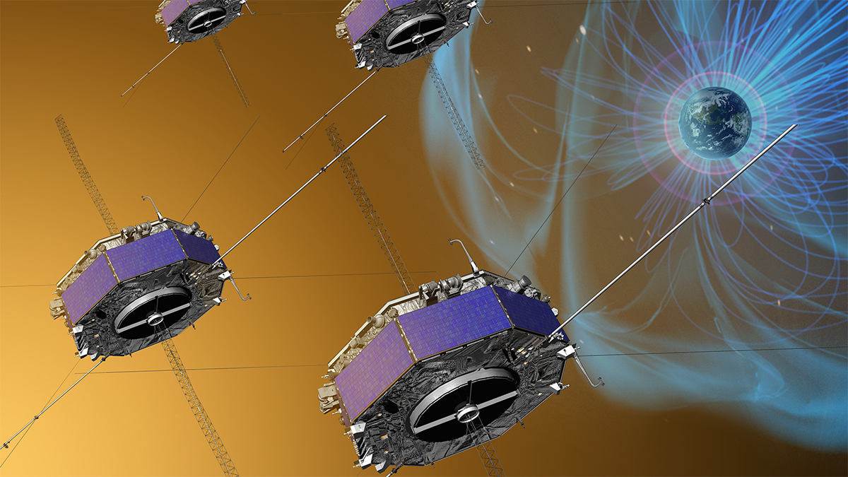 An artist’s depiction of four purple octagonal spacecraft flying in space. The light behind them is orange from the Sun, and in the background at right is Earth, surrounded by an overlapping series of magnetic field lines.