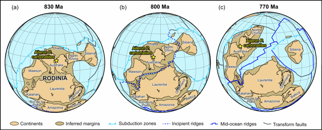 Three maps display the breakup of the ancient supercontinent Rodinia, identifying subcontinents and tectonic features, as well as Australia’s Aileron Province.