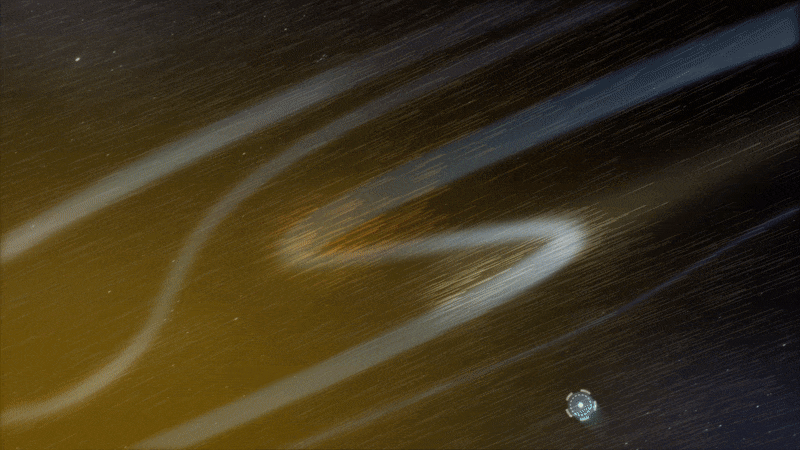 A light grayish band zigzags against a dark background from upper right to lower left. It is flanked by straighter, more gently flowing bands. Short yellow and orange streaks parallel the larger bands in a glowing haze, while small white dots pepper the background.