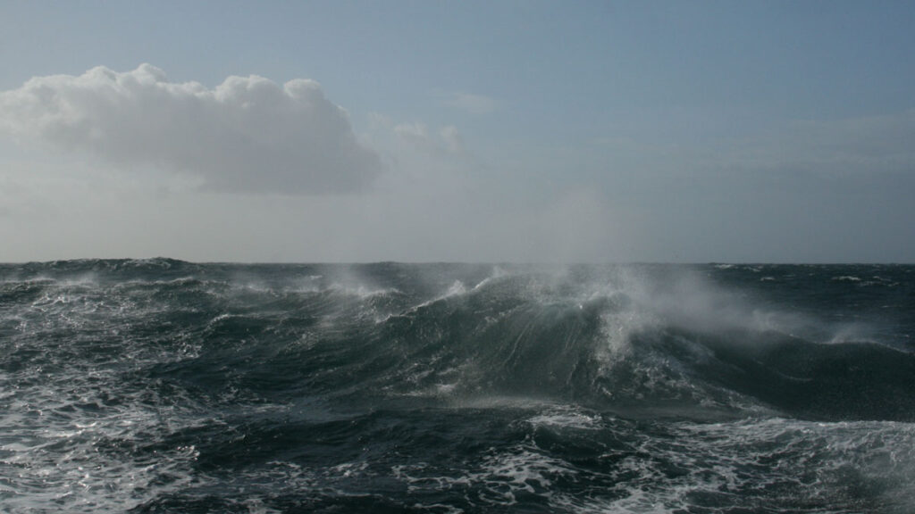 A wave rises on the ocean surface, and a cloud floats in a blue sky.