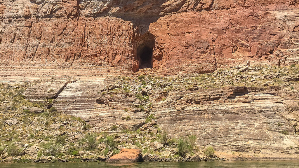The narrow entrance to Stanton’s Cave, about 40 meters above the Colorado River