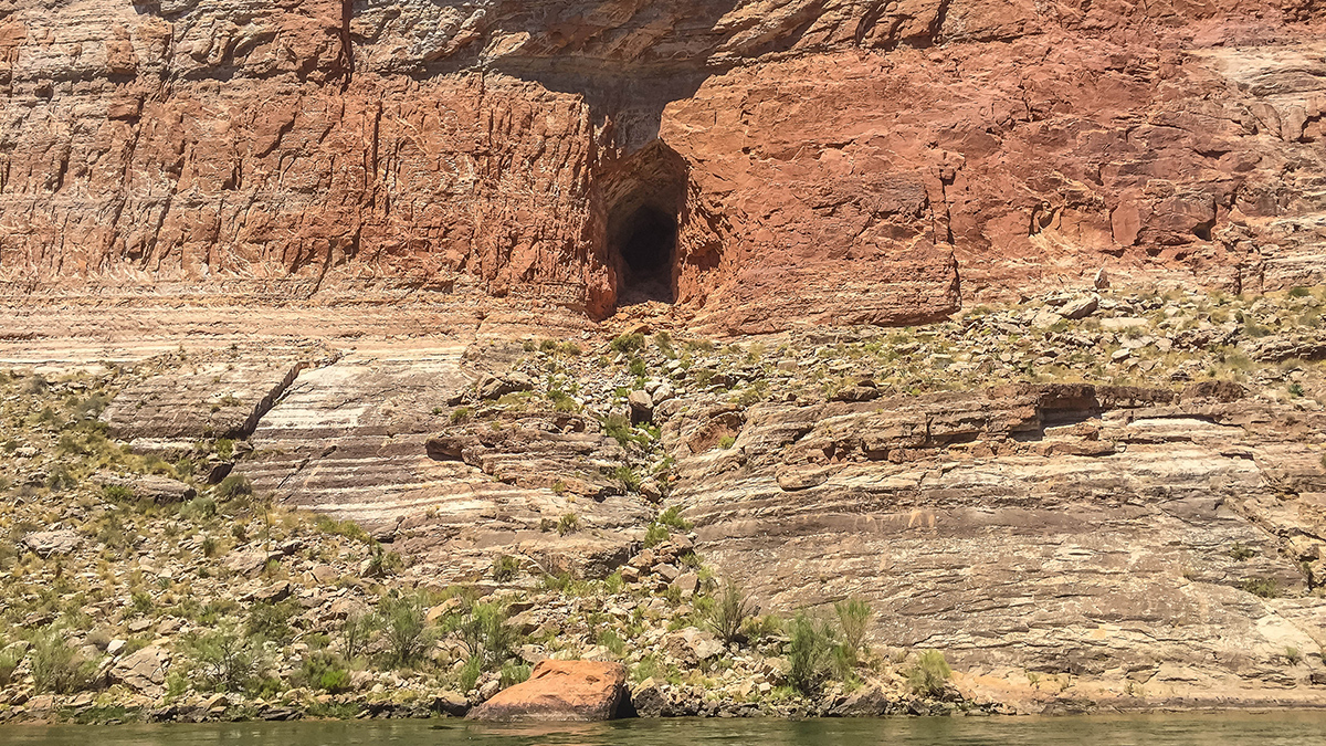 The narrow entrance to Stanton’s Cave, about 40 meters above the Colorado River