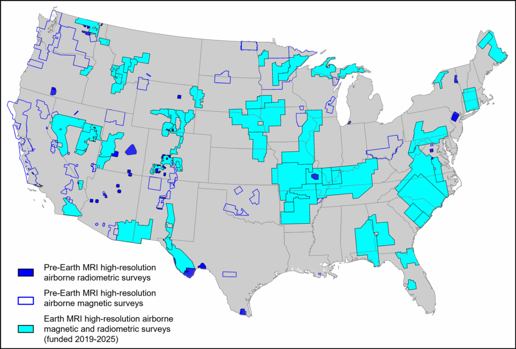 Gray-shaded map of the United States, with state borders shown and areas where different sets of airborne radiometric data have been collected denoted by different types of blue outlining or shading