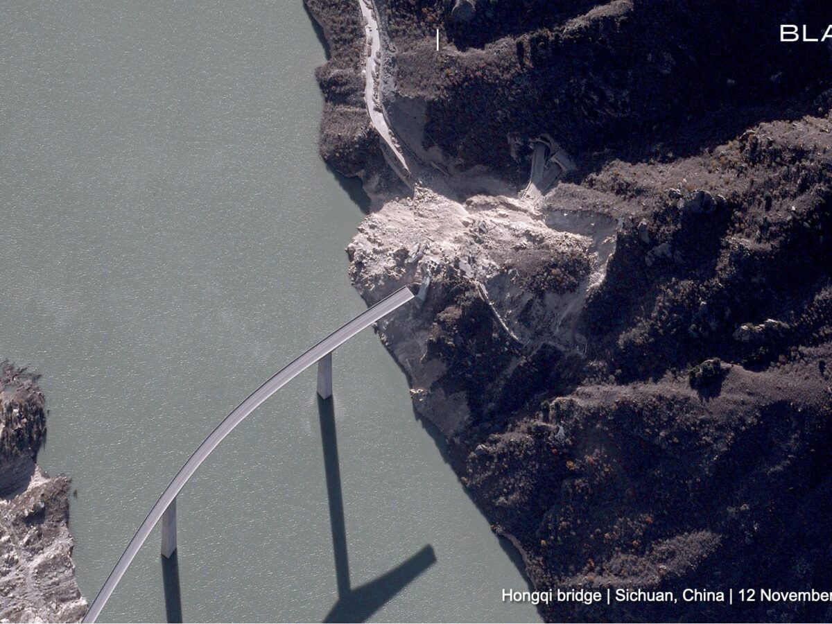 The aftermath of the 11 November 2025 landslide at Hongqi Bridge in Sichuan Province, China.