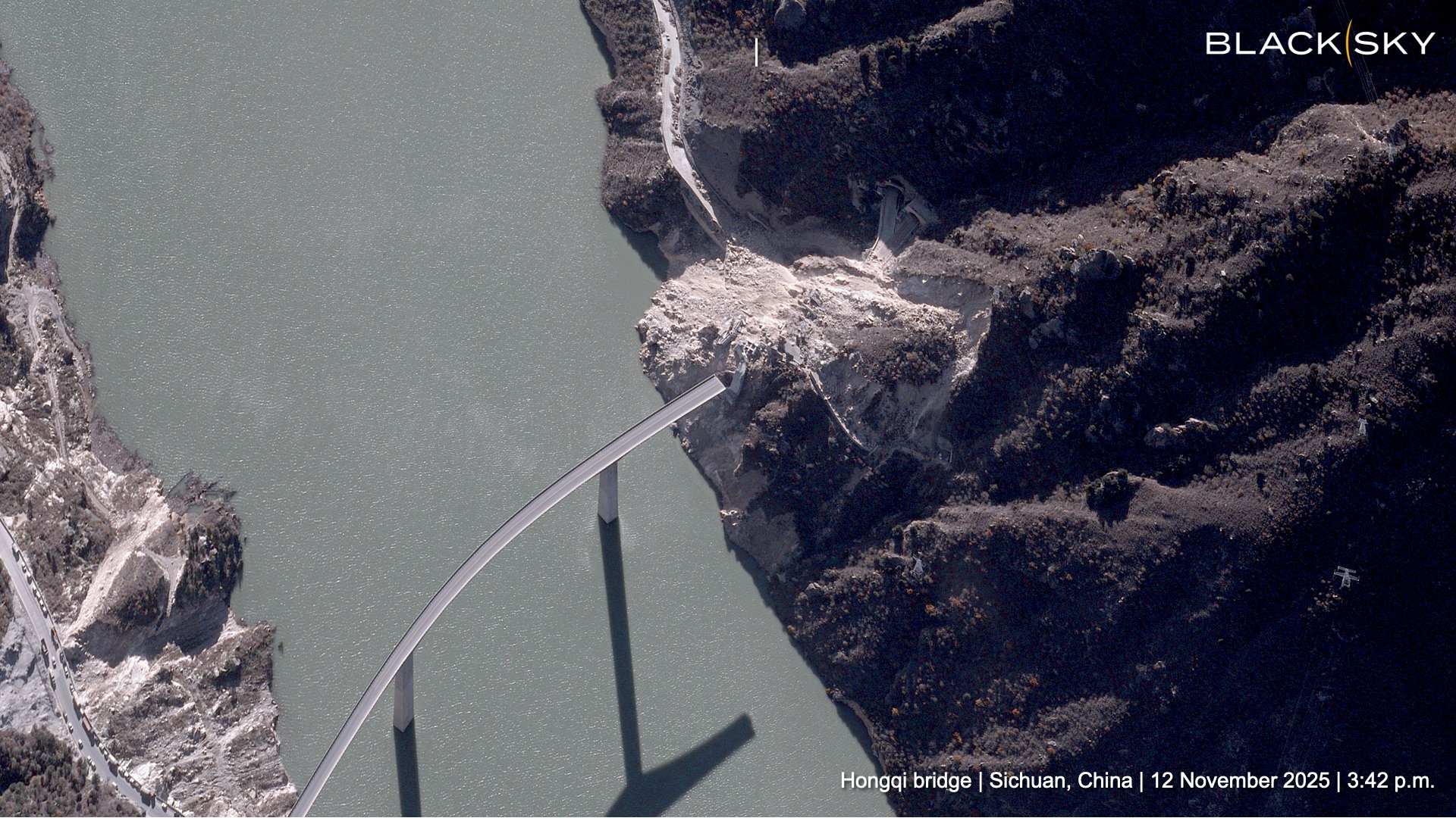 The aftermath of the 11 November 2025 landslide at Hongqi Bridge in Sichuan Province, China.