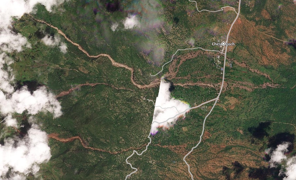 The aftermath of the 31 October 2025 landslides at Chesongoch, in Elgeyo Marakwet county, Kenya. Image copyright Planet, used with permission, dated 3 November 2025.