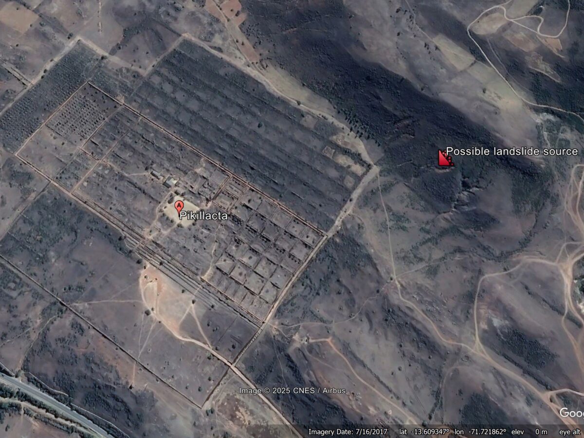 Google Earth image from 2017 showing Pikillaqta (note the different spelling on Google Earth), and the projected source of the debris flow.