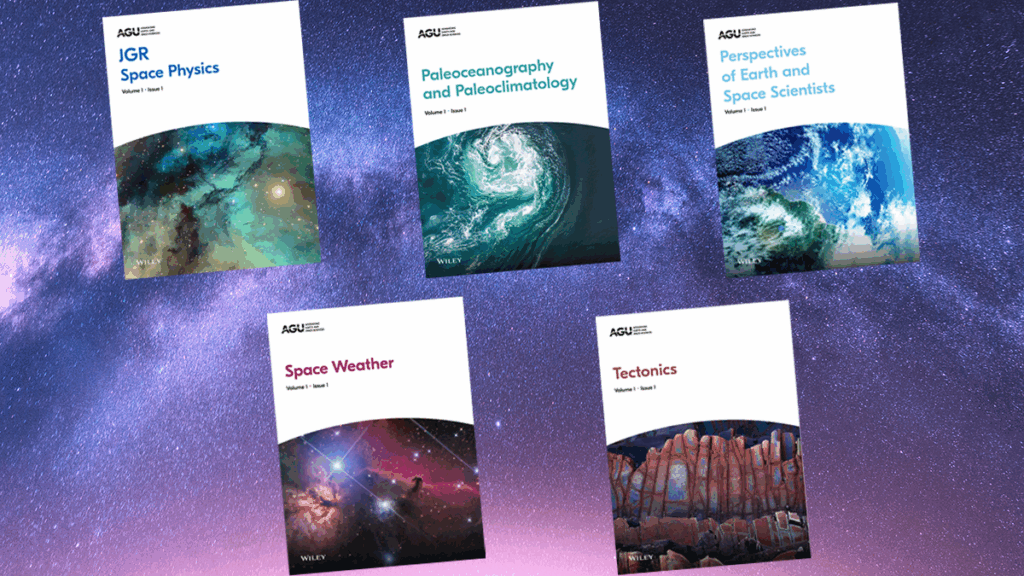 5 journal cover images in front of the Milkyway Galaxy.