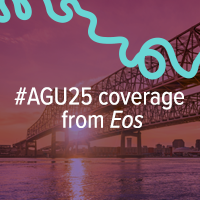 A view of a bridge, with the New Orleans skyline visible in the distance between the bridge and the water. A purple tint, a teal curved line representing a river, and the text “#AGU25 coverage from Eos” overlie the photo.
