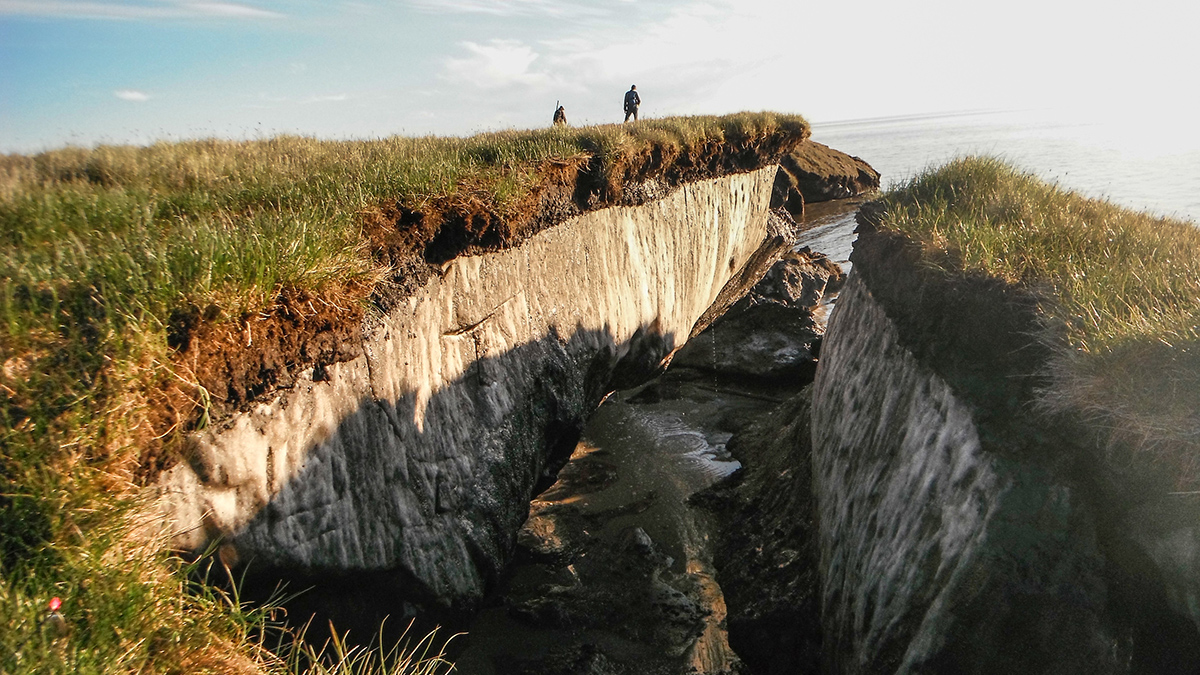 Two people stand atop a grassy oceanside cliff, looking at a chunk of land that’s broken off.