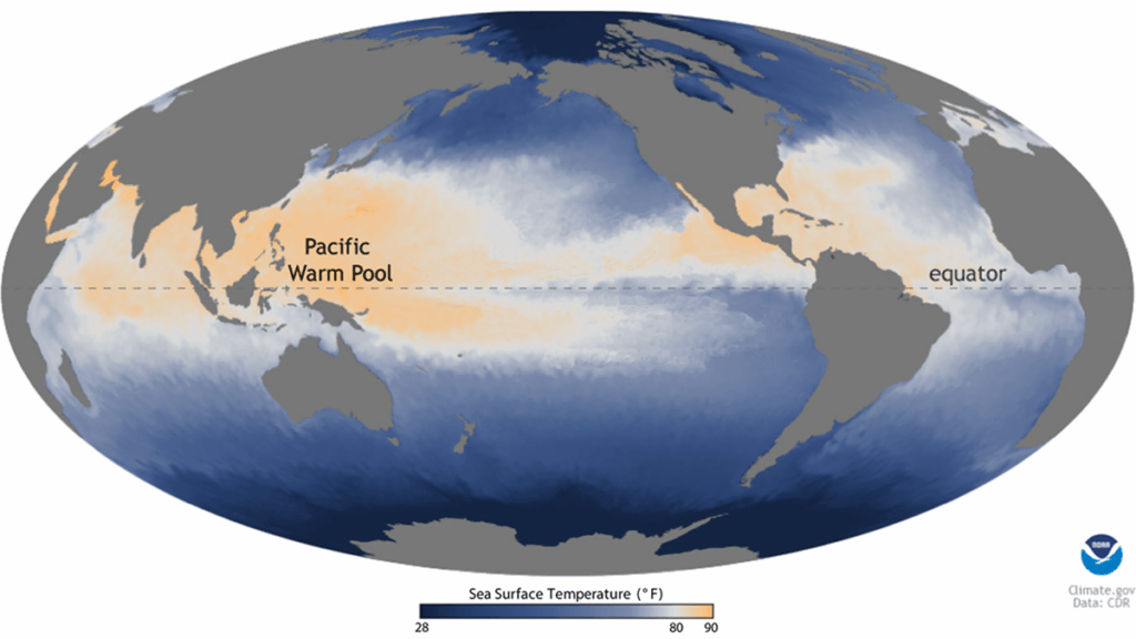World map with ocean temperature patterns and labeling indicating the Indo-Pacific Warm Pool