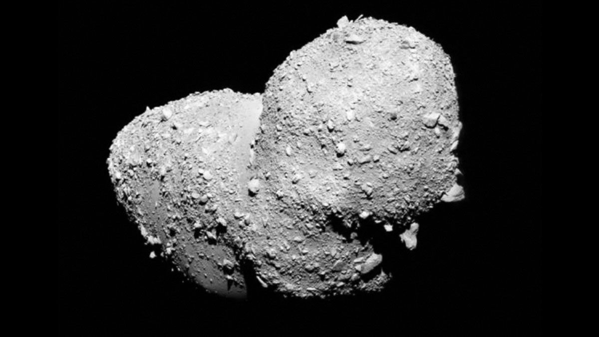 A gray peanut-shaped asteroid with a rough, rocky surface.